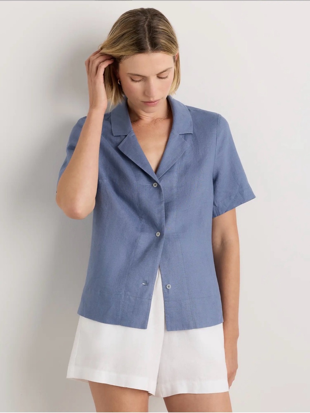 100% European Linen Short Sleeve Shirt in Moonstone Blue